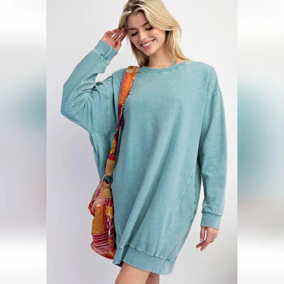 New Easel Mineral Washed Cotton Knit Long Sleeve Pullover Dress - Picture 3 of 6